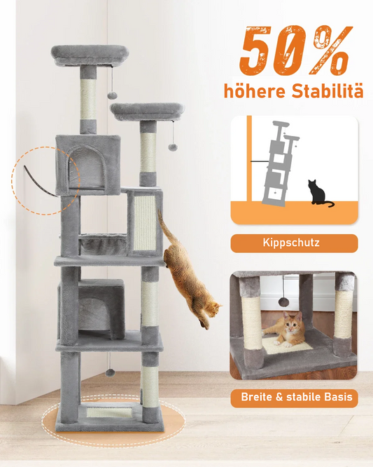 Großer Katzenbaum für Wohnungskatzen – Mehrstöckig, Sisal-Kratzbaum mit Kondos, Sitzstangen & Hängematte