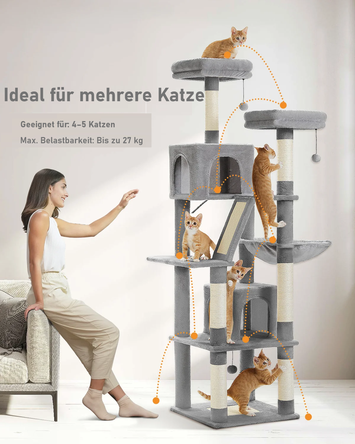 Großer Katzenbaum für Wohnungskatzen – Mehrstöckig, Sisal-Kratzbaum mit Kondos, Sitzstangen & Hängematte