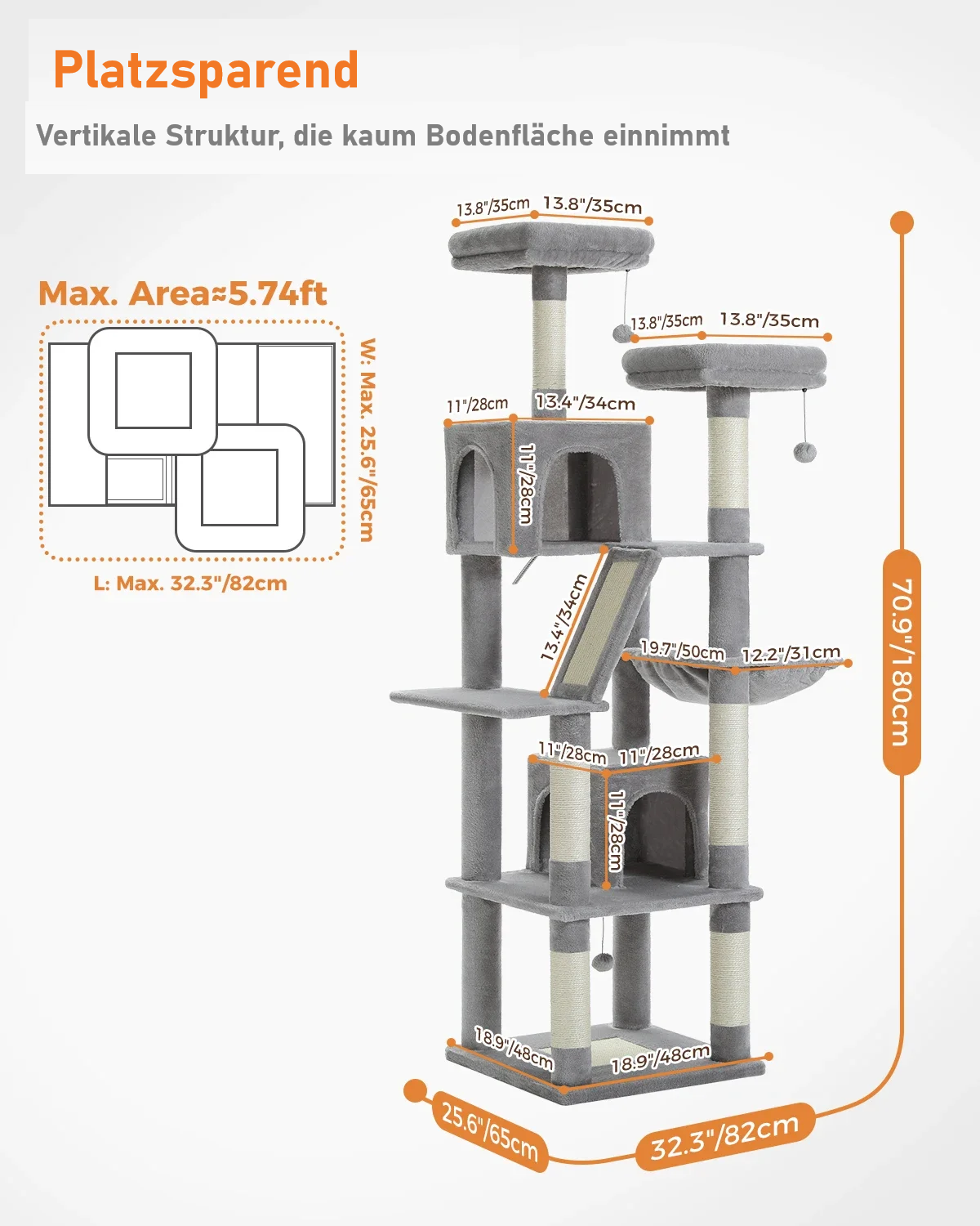 Großer Katzenbaum für Wohnungskatzen – Mehrstöckig, Sisal-Kratzbaum mit Kondos, Sitzstangen & Hängematte