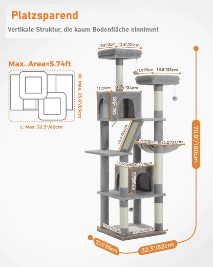 Großer Katzenbaum für Wohnungskatzen – Mehrstöckig, Sisal-Kratzbaum mit Kondos, Sitzstangen & Hängematte