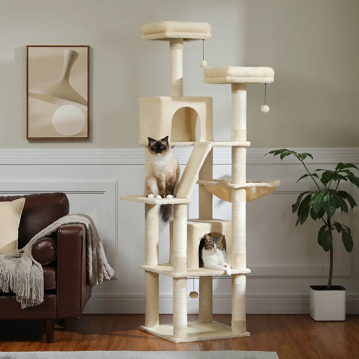 Großer Katzenbaum für Wohnungskatzen – Mehrstöckig, Sisal-Kratzbaum mit Kondos, Sitzstangen & Hängematte