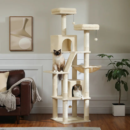 Großer Katzenbaum für Wohnungskatzen – Mehrstöckig, Sisal-Kratzbaum mit Kondos, Sitzstangen & Hängematte