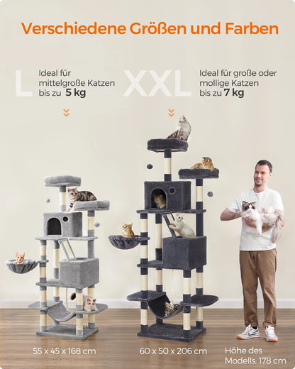 Feandrea Kratzbaum XXL 206 cm – 13 Kratzsäulen, 2 Höhlen, Hängematte & Plüschbälle